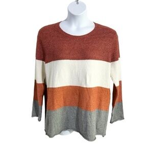 Market & Spruce Fall Red Orange Gray Colorblock Stripe Crewneck Pullover Sweater